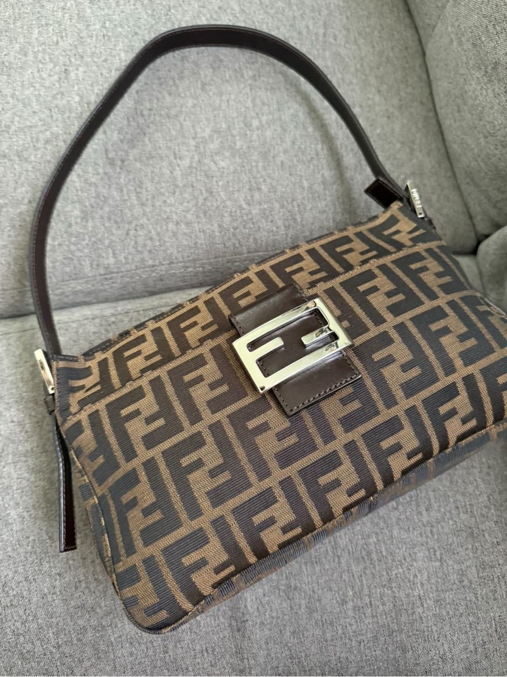 Fendi Brown FF Logo Baguette Shoulder Bag with Silver Buckle